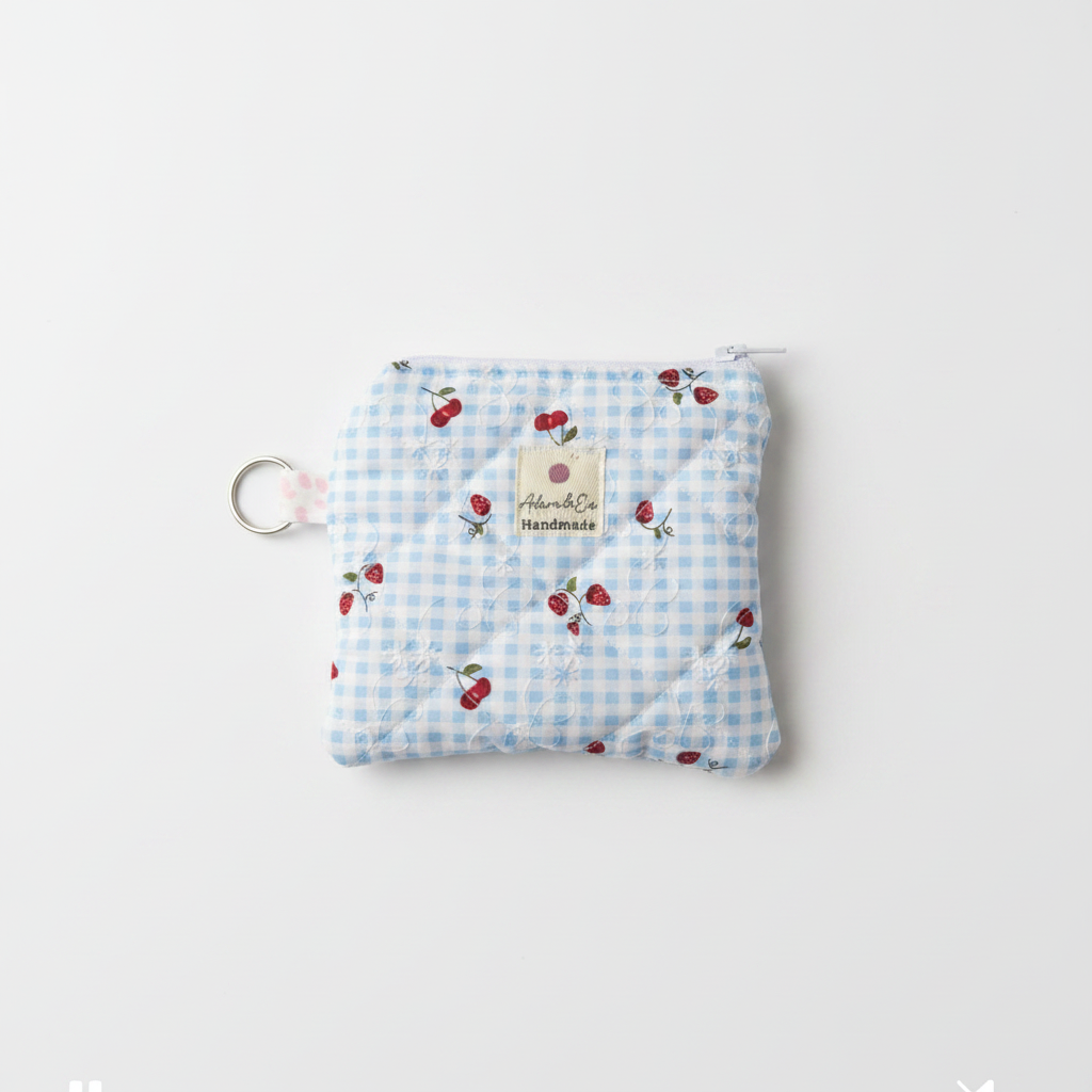 Quilted Keychain Pouch in Blue Strawberries