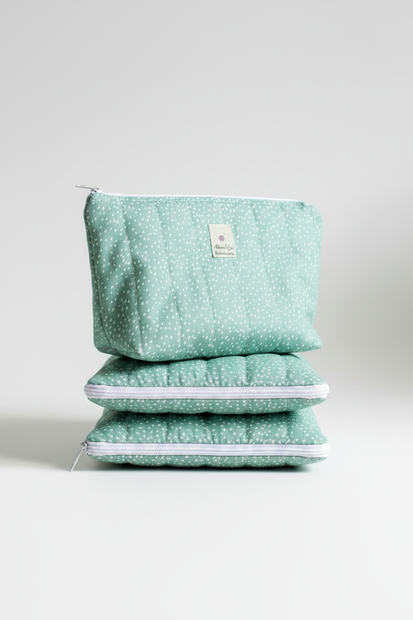 Medium  Zipped Quilted Pouch in Green Polka