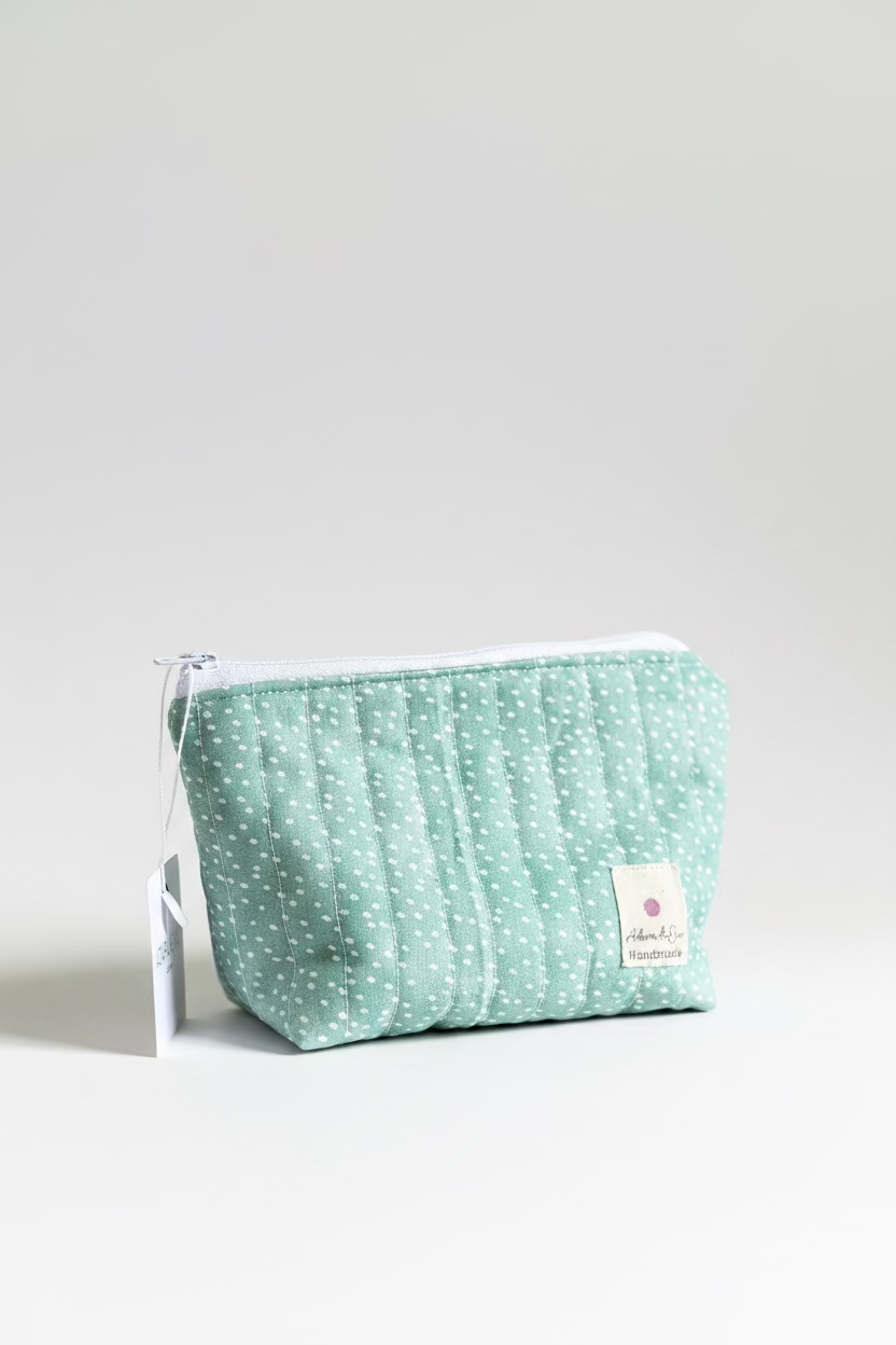 Small Zipped Quilted Pouch in Green Polka
