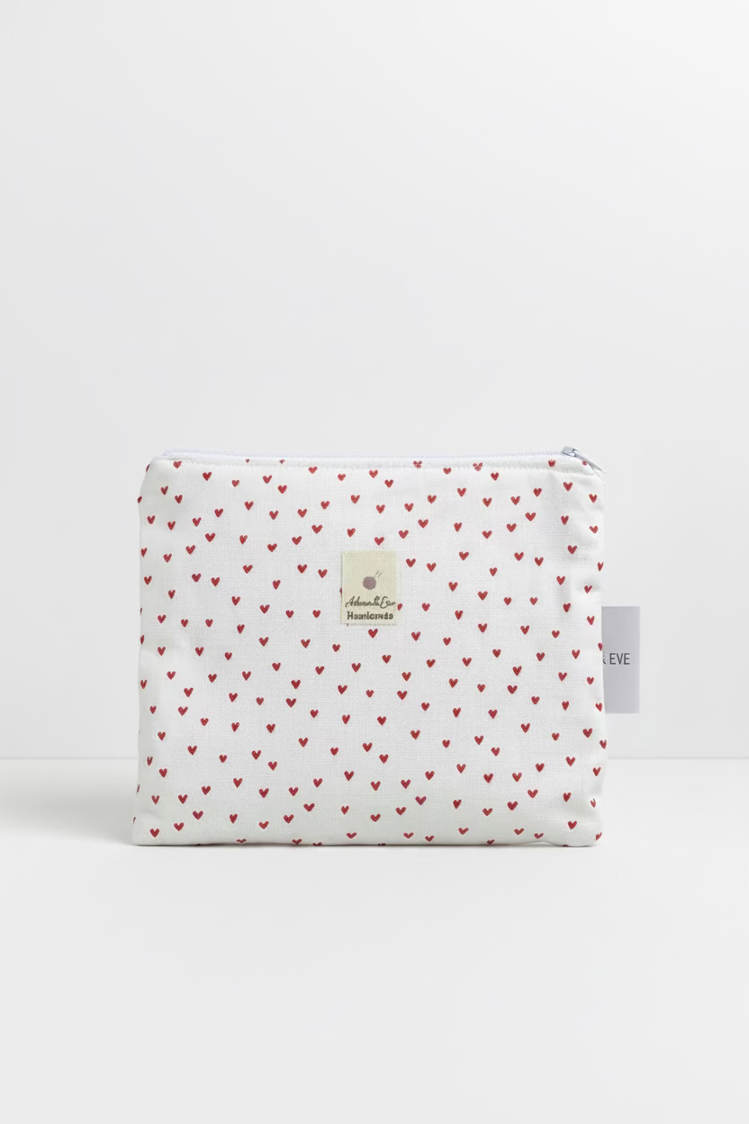 Medium Flat  Zipped Pouch in Red Hearts ,