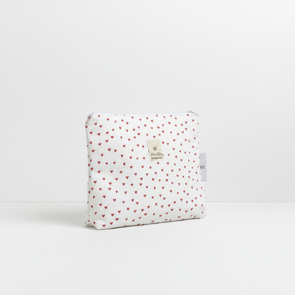 Medium Flat  Zipped Pouch in Red Hearts ,
