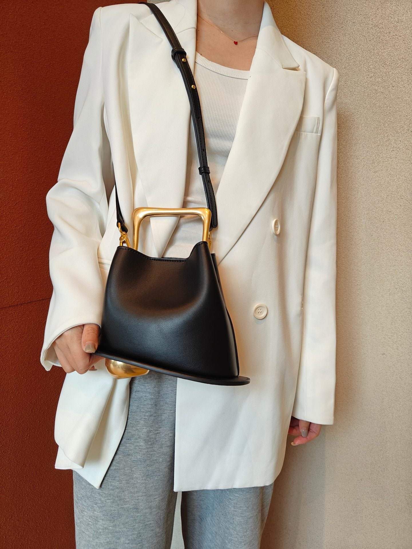 Retro Bucket Bag with Gold Metal Handle