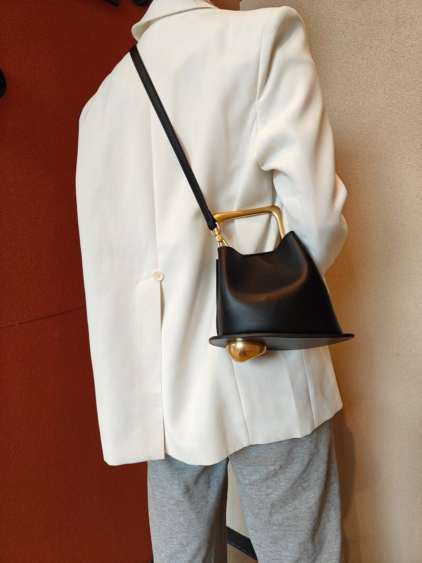 Retro Bucket Bag with Gold Metal Handle