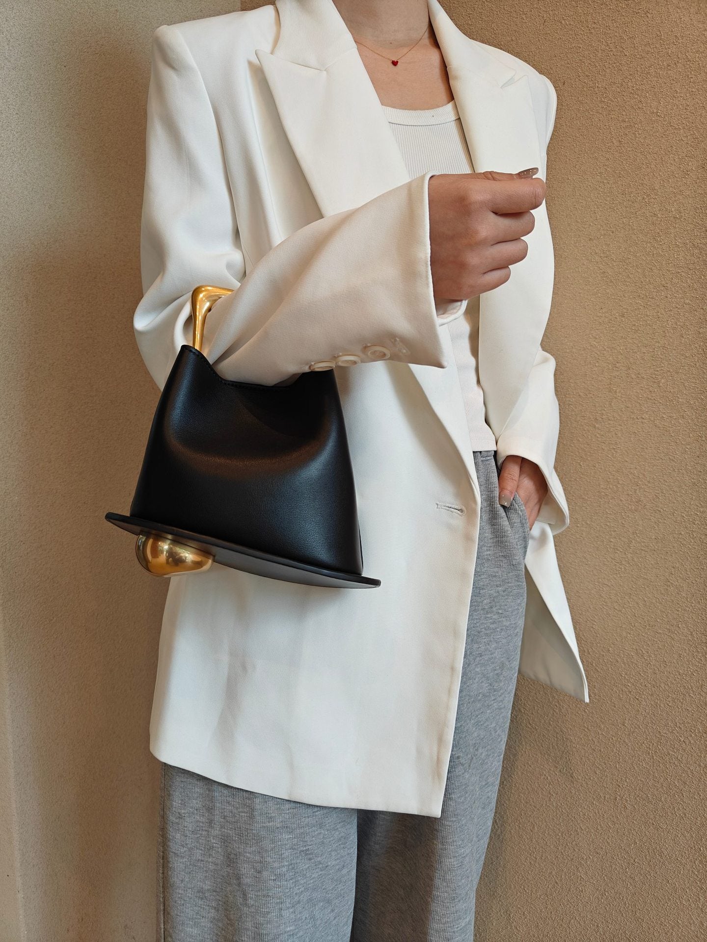 Retro Bucket Bag with Gold Metal Handle