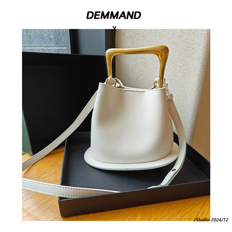 Retro Bucket Bag with Gold Metal Handle
