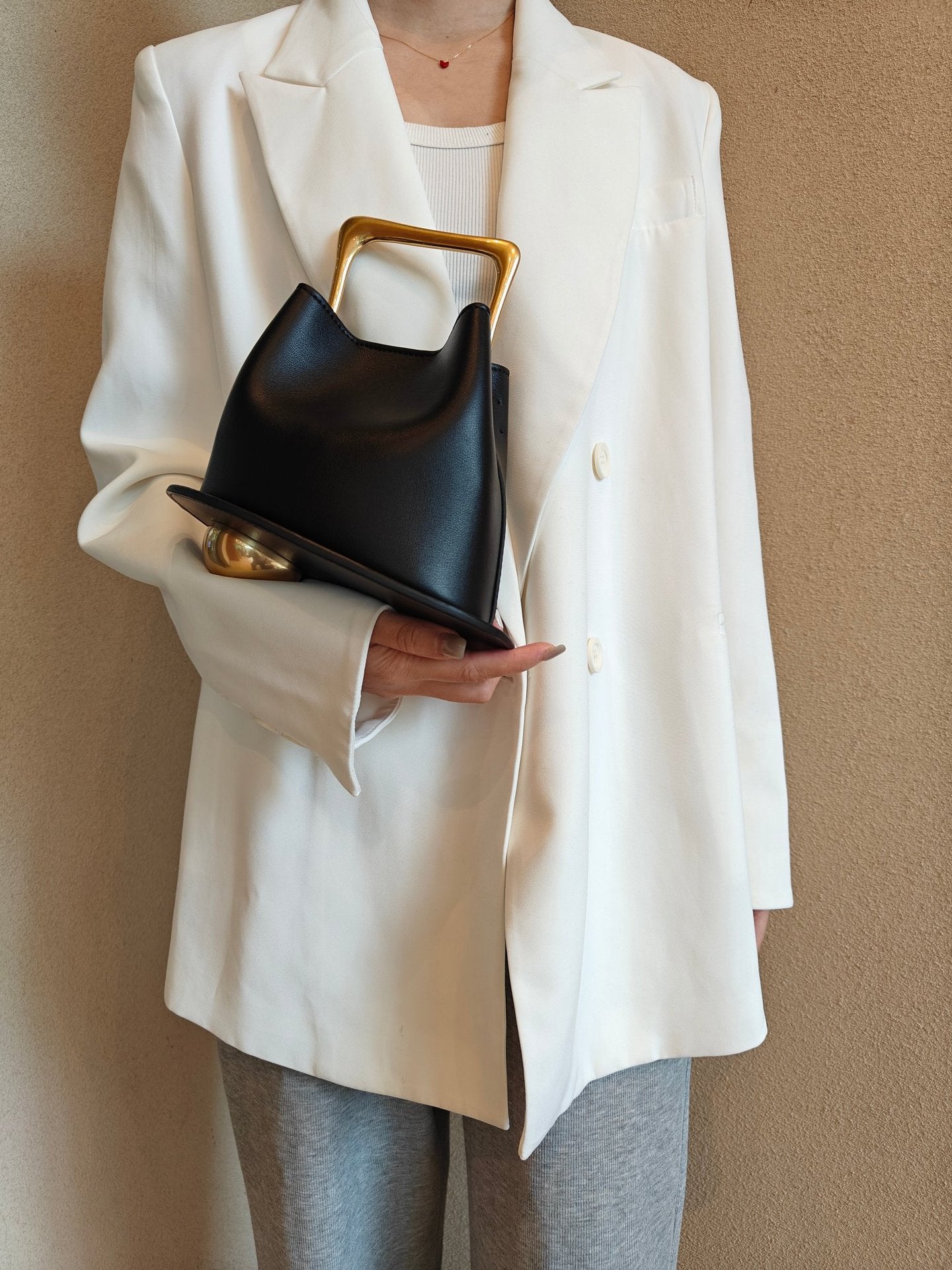 Retro Bucket Bag with Gold Metal Handle