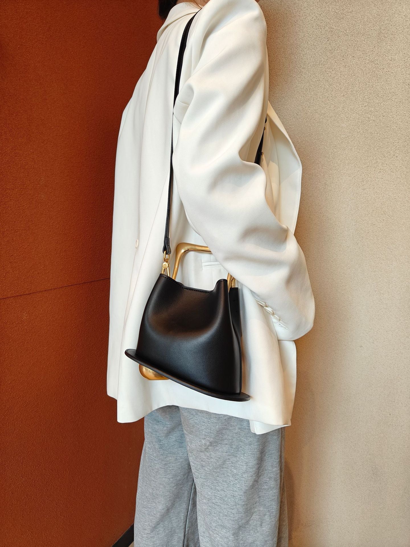 Retro Bucket Bag with Gold Metal Handle