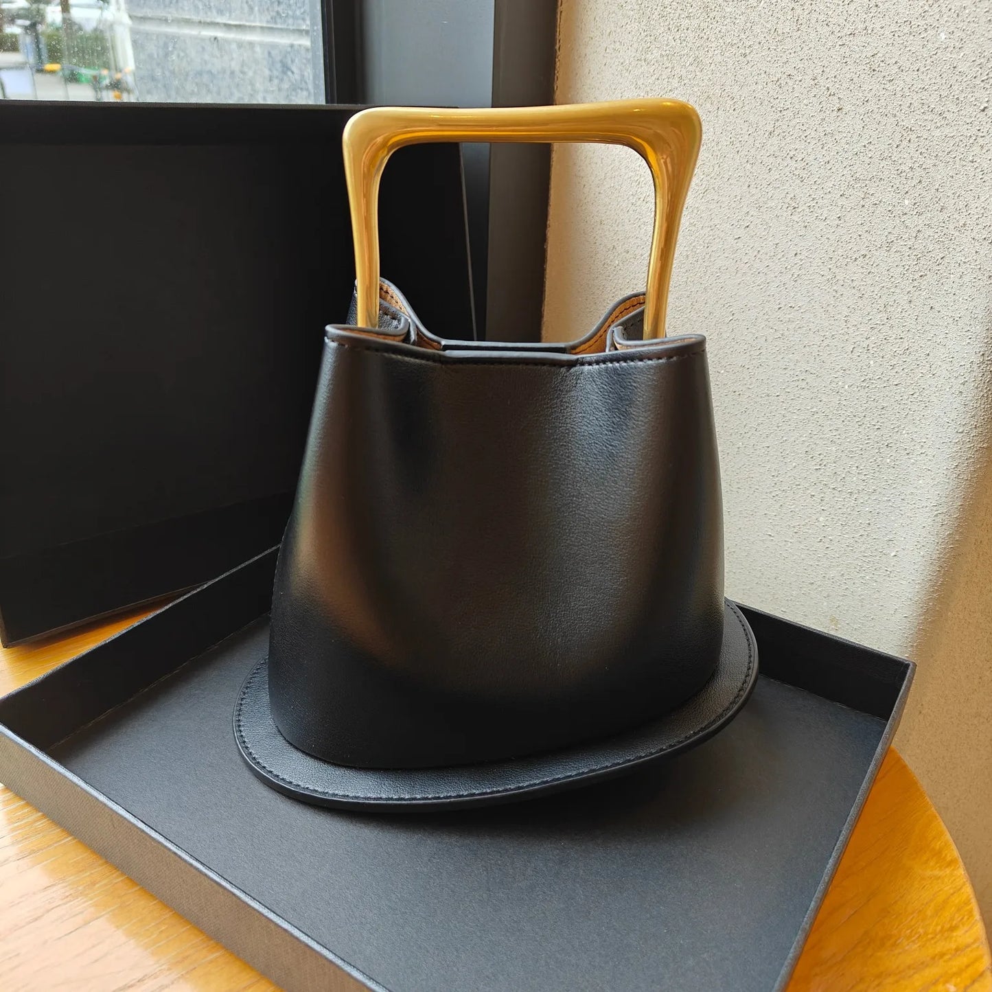 Retro Bucket Bag with Gold Metal Handle