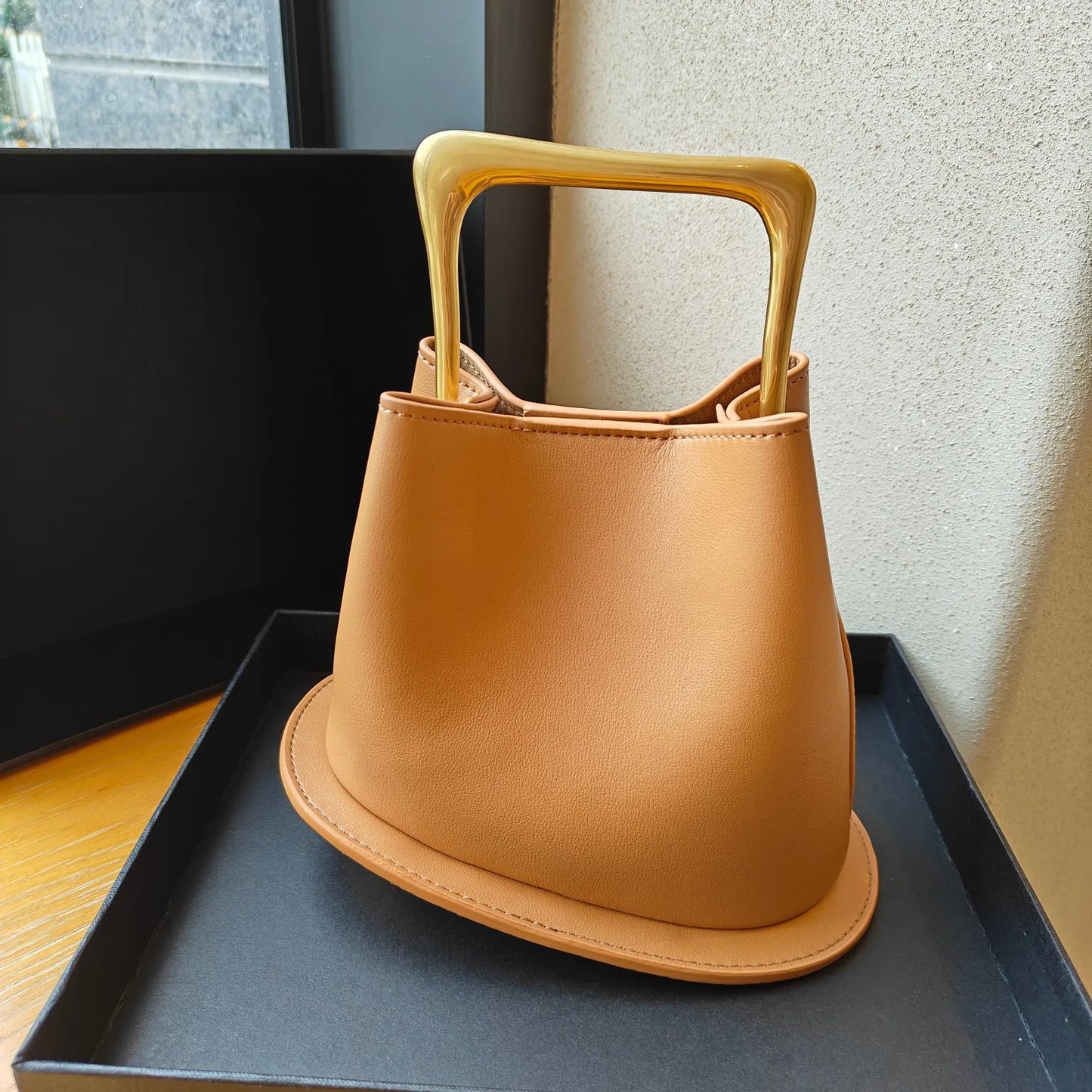 Retro Bucket Bag with Gold Metal Handle